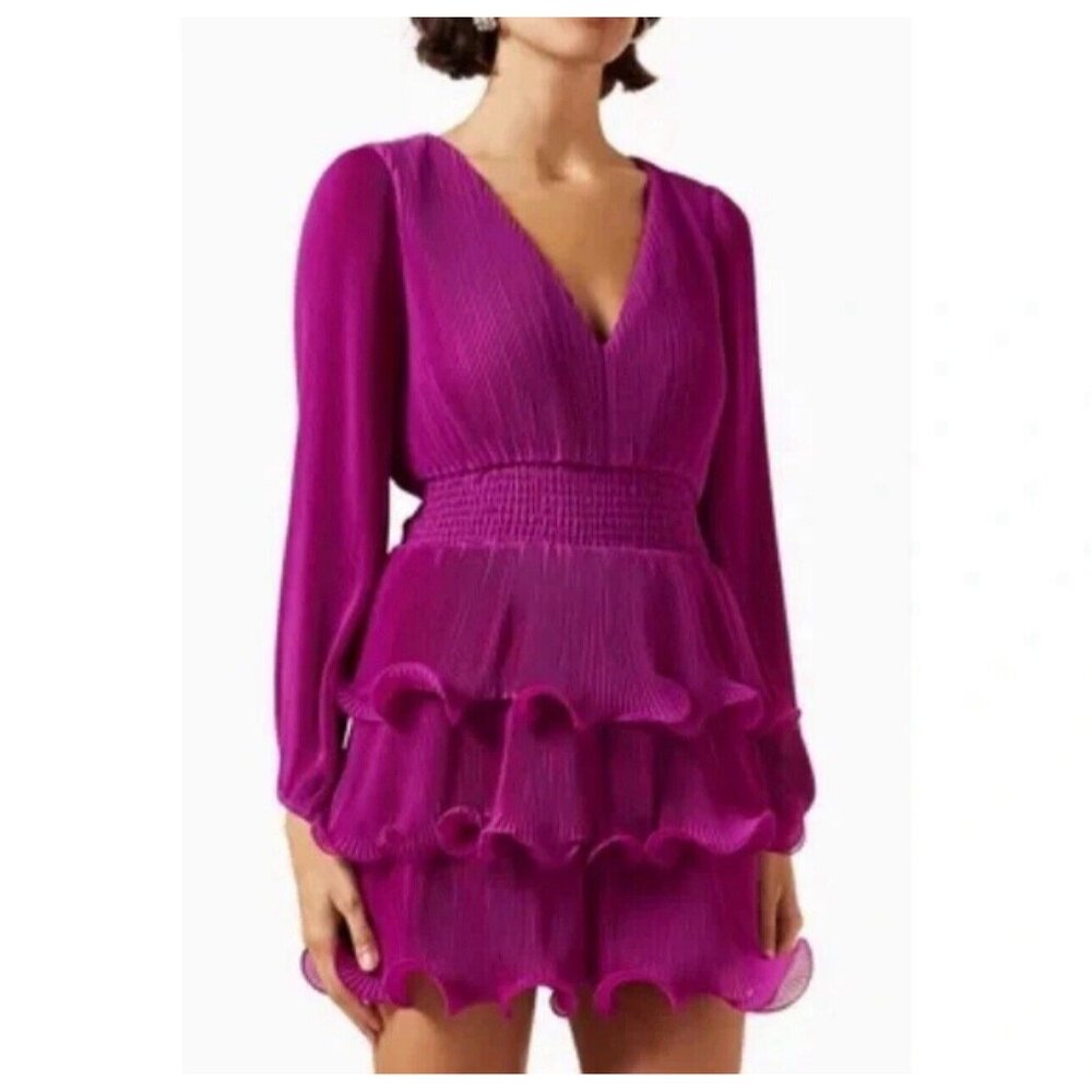 Women Milly Ryan A-Line Chiffon Dress Size 6 M Fuchsia Hem Ruffle V-Neck Layered